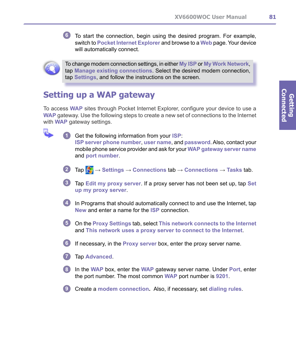 Setting up a wap gateway | Verizon Wireless XV6600WOC User Manual | Page 81 / 158