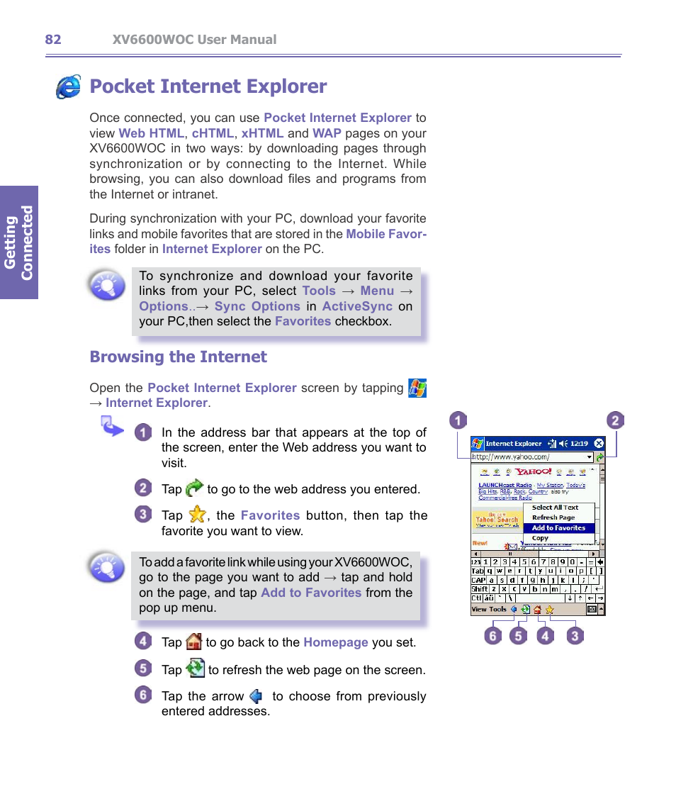 Pocket internet explorer, Browsing the internet | Verizon Wireless XV6600WOC User Manual | Page 82 / 158
