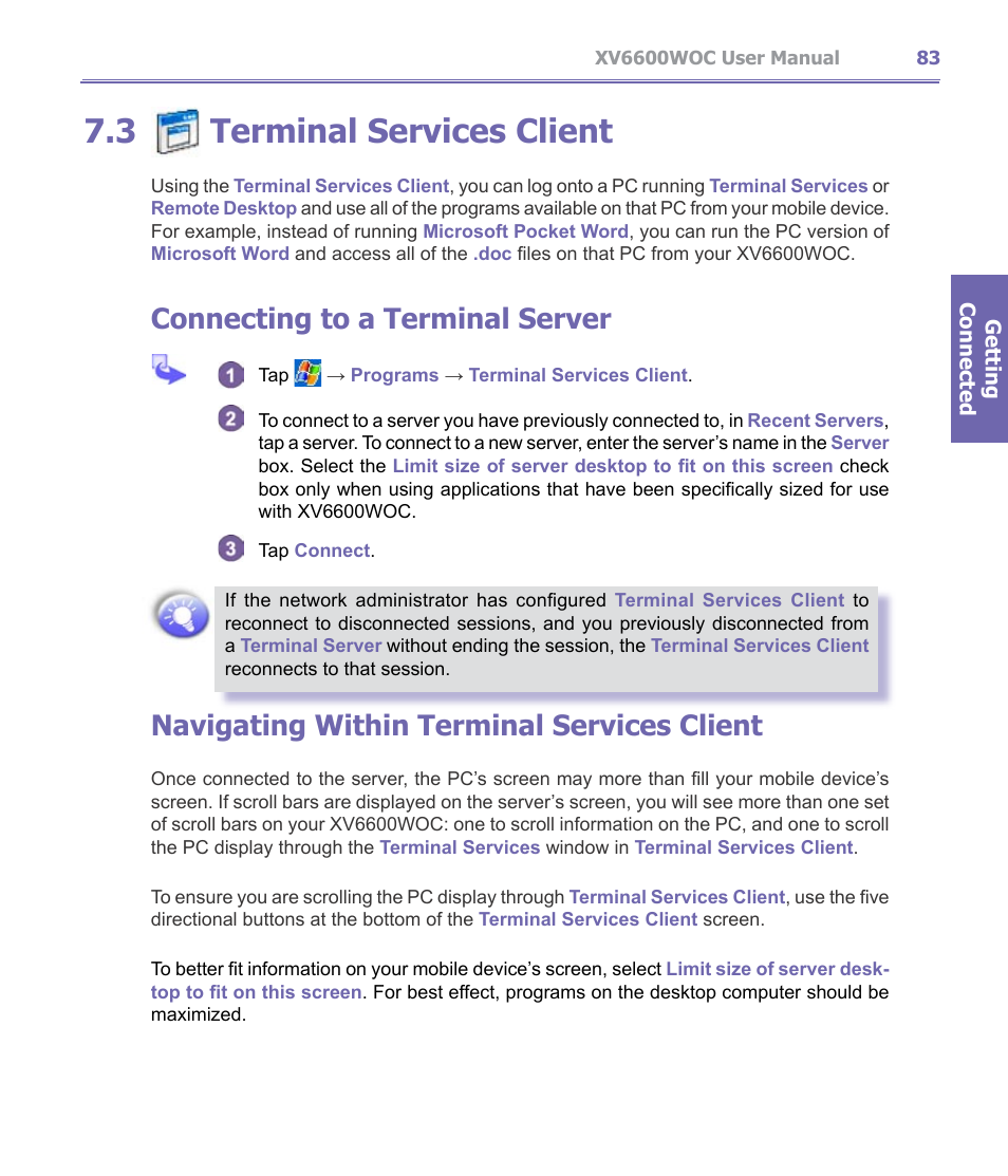 3 ￼ terminal services client, Terminal services client, 3 terminal services client | Connecting to a terminal server, Navigating within terminal services client | Verizon Wireless XV6600WOC User Manual | Page 83 / 158