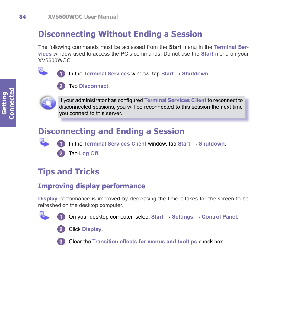 Disconnecting without ending a session, Disconnecting and ending a session, Tips and tricks | Improving display performance | Verizon Wireless XV6600WOC User Manual | Page 84 / 158