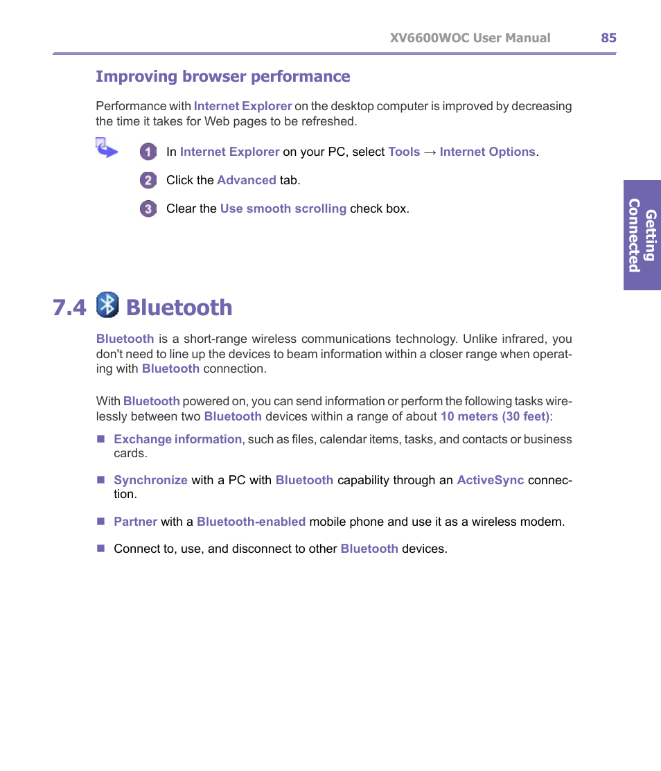 4 ￼ bluetooth, Bluetooth, 4 bluetooth | Improving browser performance | Verizon Wireless XV6600WOC User Manual | Page 85 / 158
