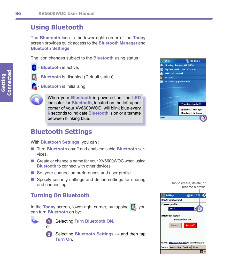 Using bluetooth, Bluetooth settings, Turning on bluetooth | Verizon Wireless XV6600WOC User Manual | Page 86 / 158