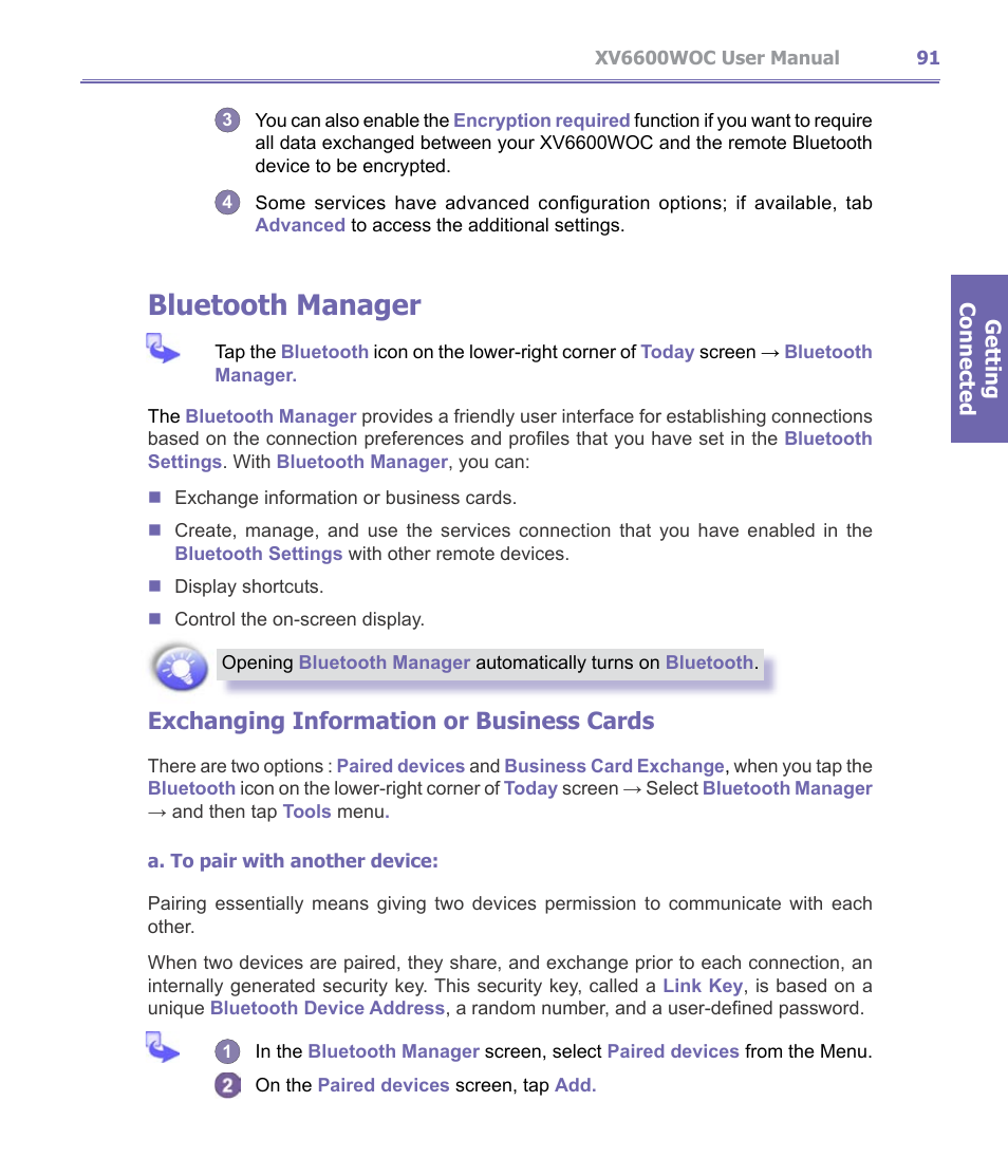 Bluetooth manager, Exchanging information or business cards | Verizon Wireless XV6600WOC User Manual | Page 91 / 158