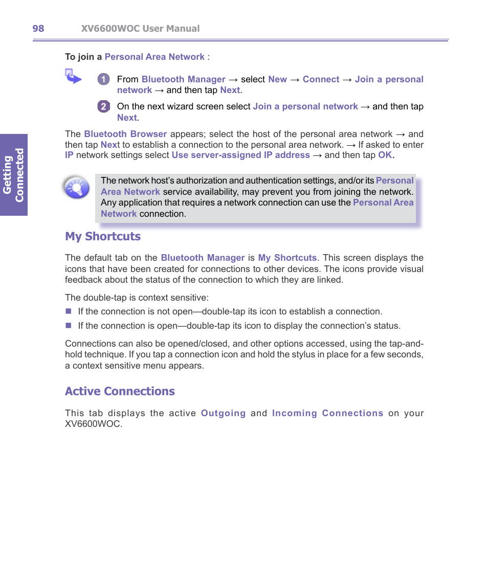 My shortcuts, Active connections | Verizon Wireless XV6600WOC User Manual | Page 98 / 158