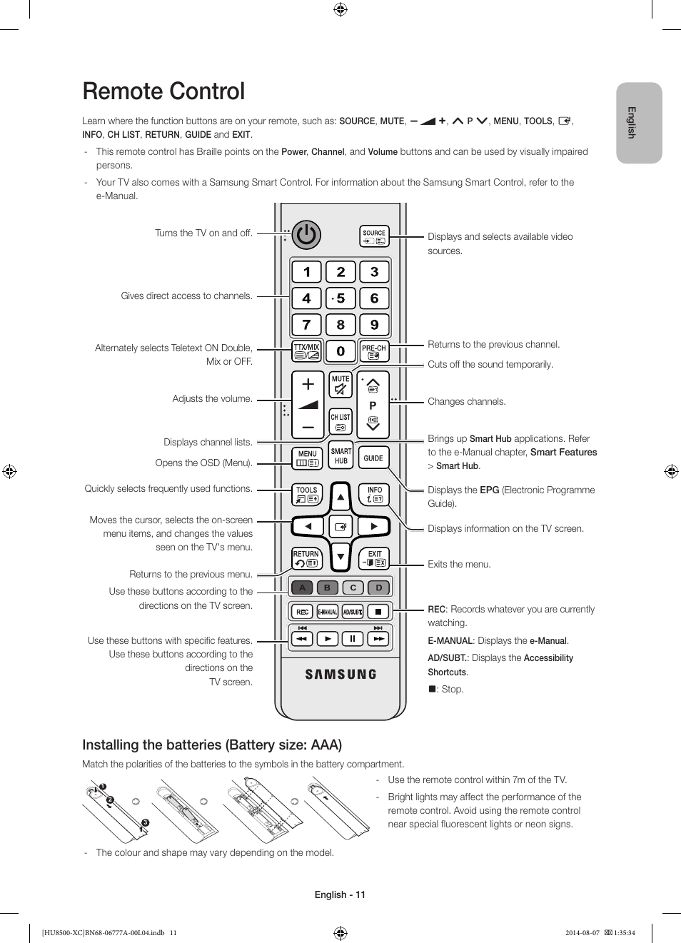 Remote control, Installing the batteries (battery size: aaa) | Samsung UE65HU8500L User Manual | Page 11 / 98