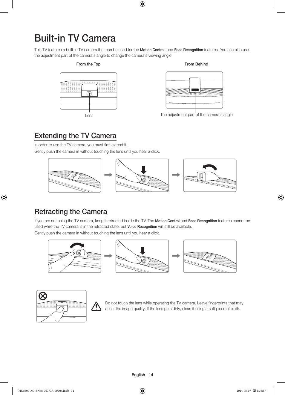 Built-in tv camera, Extending the tv camera, Retracting the camera | 경고 주의 경고 주의 | Samsung UE65HU8500L User Manual | Page 14 / 98
