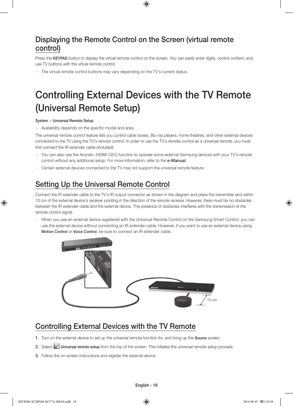 Controlling external devices with the tv remote, Universal remote setup, Setting up the universal remote control | Samsung UE65HU8500L User Manual | Page 18 / 98