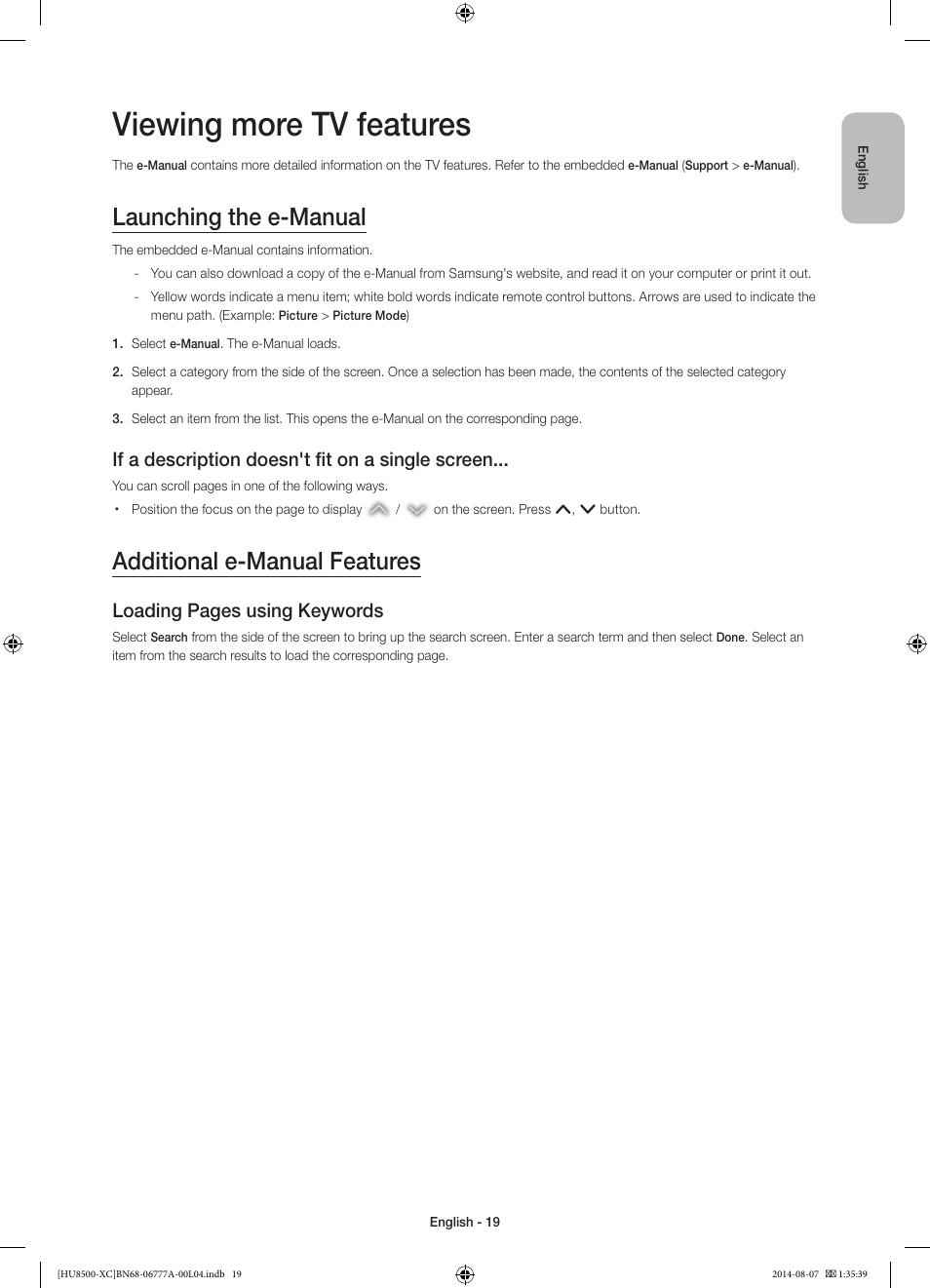 Viewing more tv features, Launching the e-manual, Additional e-manual features | If a description doesn't fit on a single screen, Loading pages using keywords | Samsung UE65HU8500L User Manual | Page 19 / 98