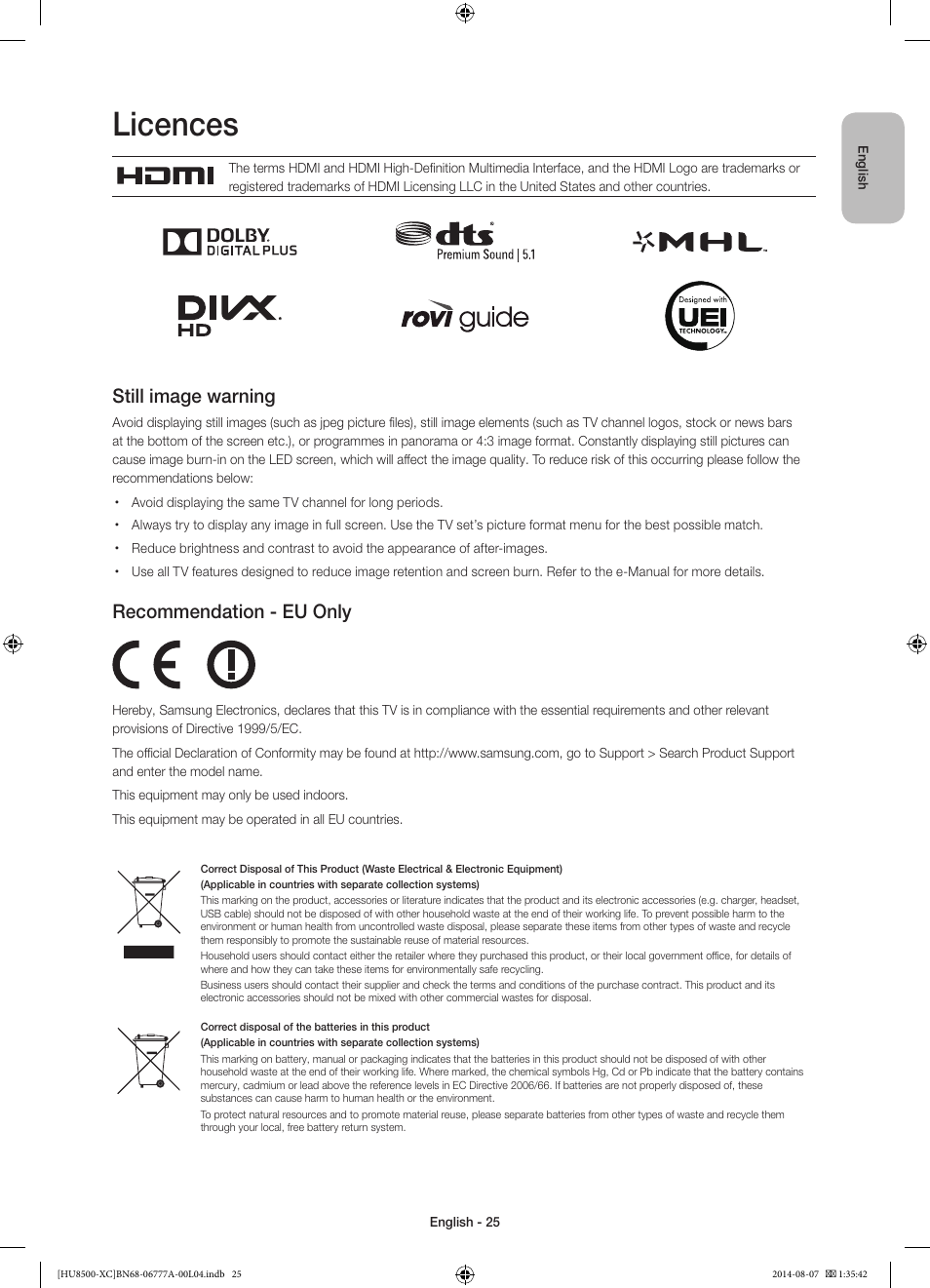 Licences, Still image warning, Recommendation - eu only | Samsung UE65HU8500L User Manual | Page 25 / 98