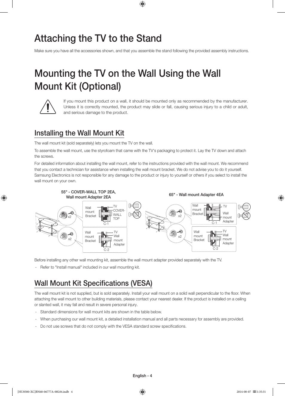 Attaching the tv to the stand, Installing the wall mount kit, Wall mount kit specifications (vesa) | Samsung UE65HU8500L User Manual | Page 4 / 98