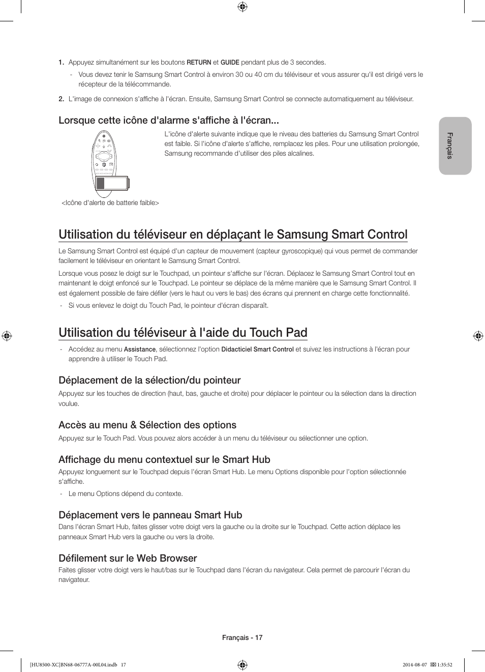 Utilisation du téléviseur à l'aide du touch pad, Lorsque cette icône d'alarme s'affiche à l'écran, Déplacement de la sélection/du pointeur | Accès au menu & sélection des options, Affichage du menu contextuel sur le smart hub, Déplacement vers le panneau smart hub, Défilement sur le web browser | Samsung UE65HU8500L User Manual | Page 41 / 98
