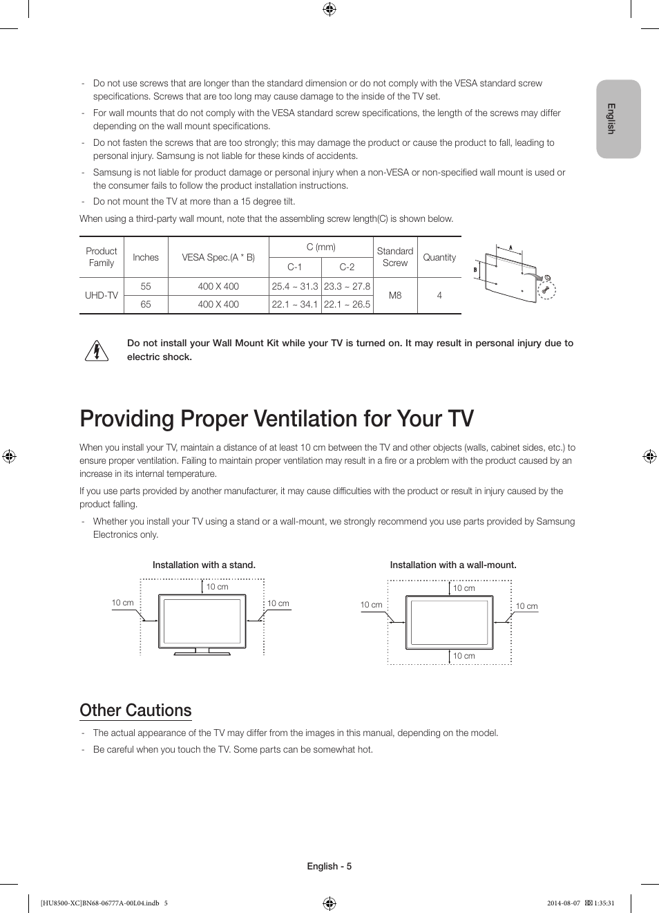 Providing proper ventilation for your tv, Other cautions | Samsung UE65HU8500L User Manual | Page 5 / 98