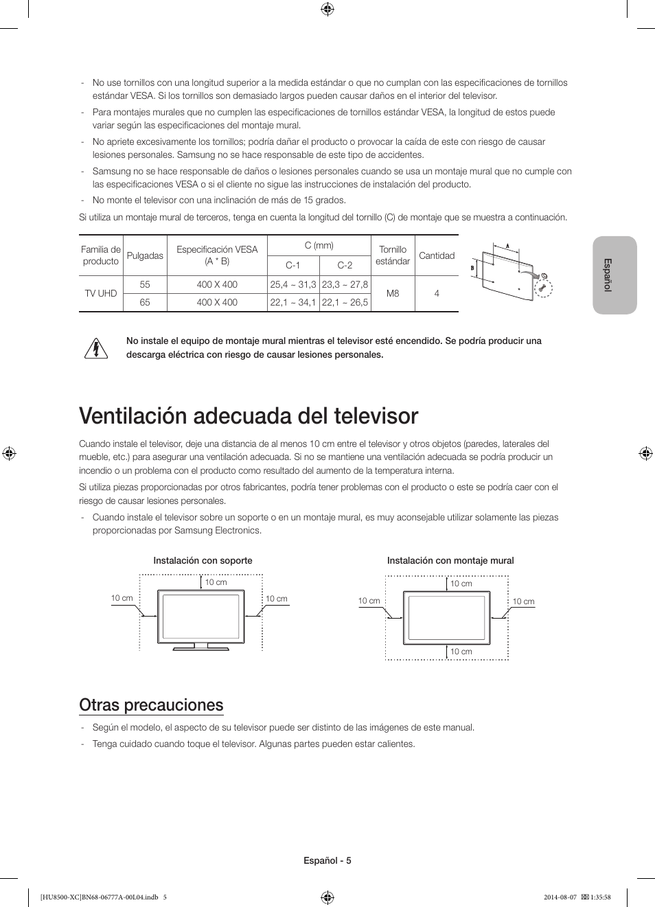 Ventilación adecuada del televisor, Otras precauciones | Samsung UE65HU8500L User Manual | Page 53 / 98