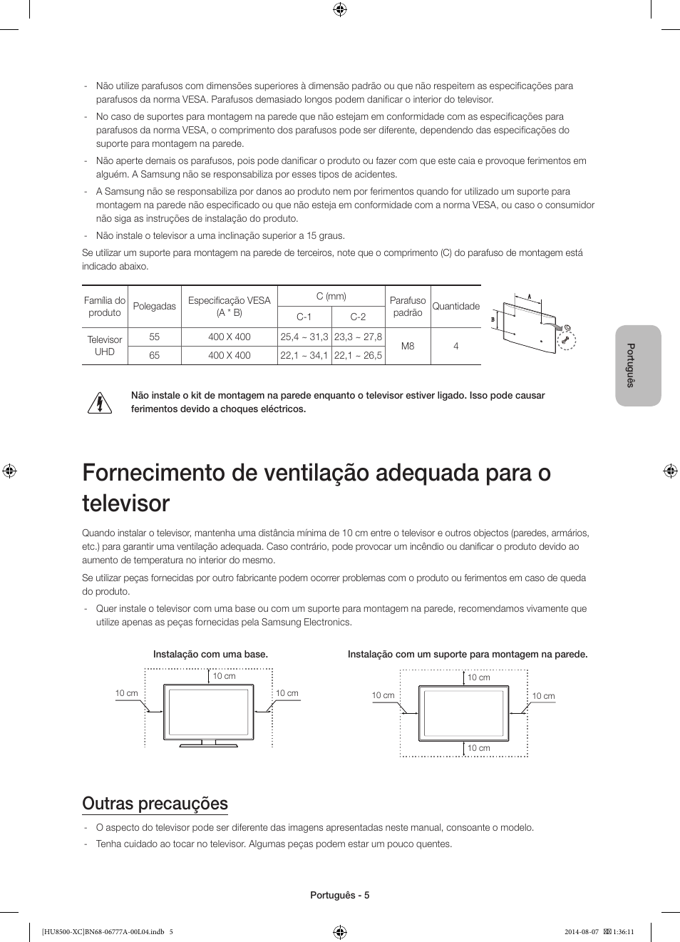Outras precauções | Samsung UE65HU8500L User Manual | Page 77 / 98
