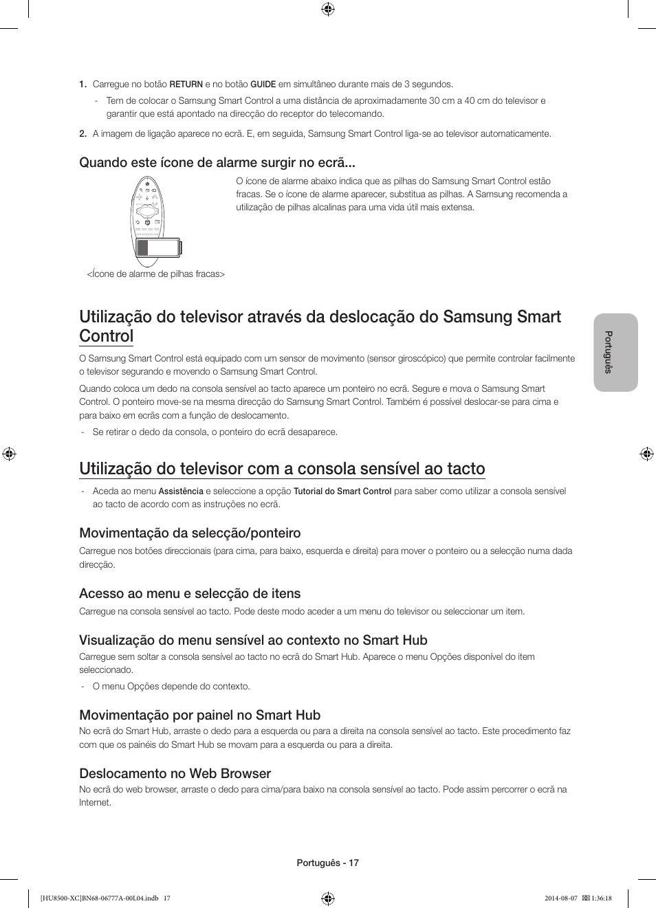 Quando este ícone de alarme surgir no ecrã, Movimentação da selecção/ponteiro, Acesso ao menu e selecção de itens | Movimentação por painel no smart hub, Deslocamento no web browser | Samsung UE65HU8500L User Manual | Page 89 / 98