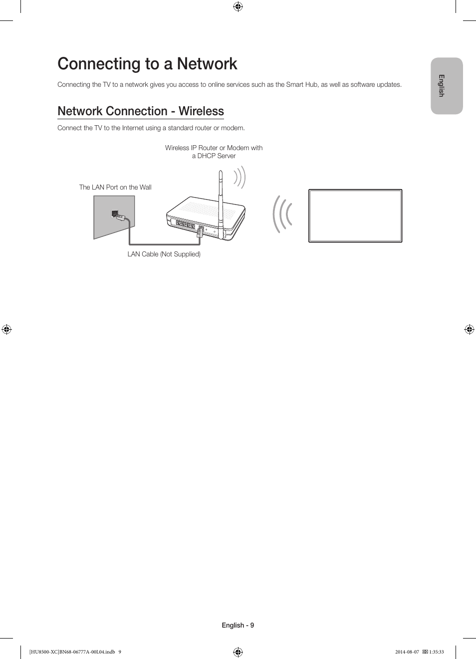 Connecting to a network, Network connection - wireless | Samsung UE65HU8500L User Manual | Page 9 / 98