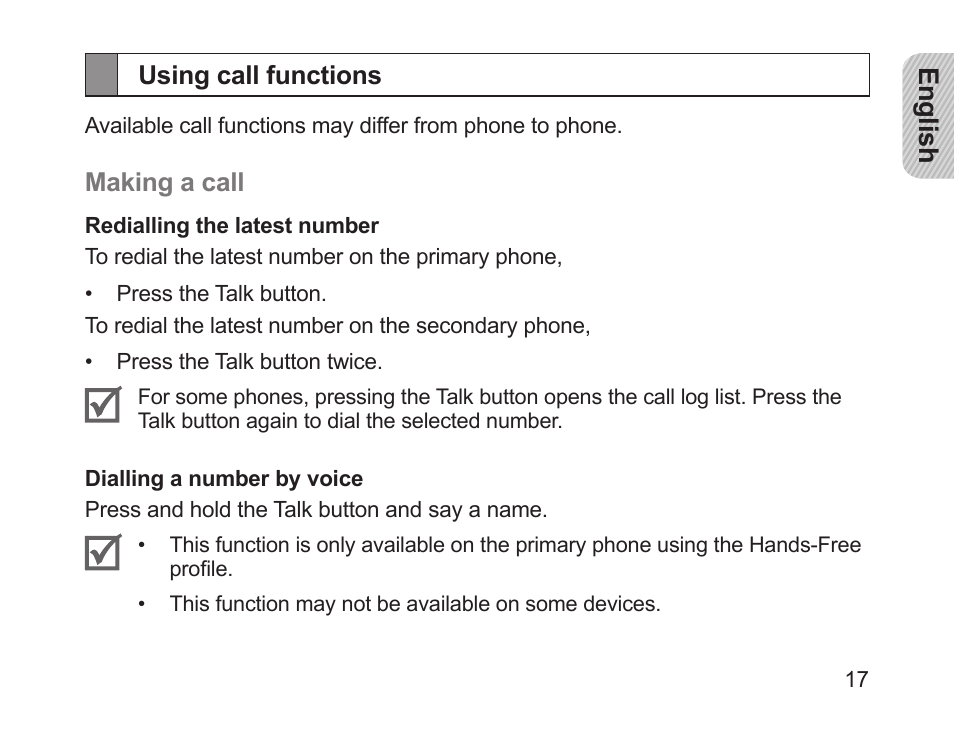 Using call functions | Samsung HM1700 User Manual | Page 19 / 84