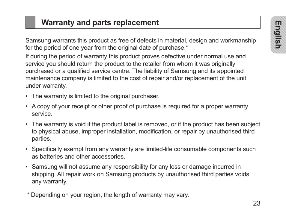 Warranty and parts replacement, English | Samsung HM1700 User Manual | Page 25 / 84