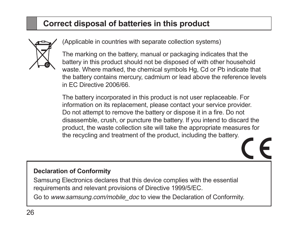 Correct disposal of batteries in this product | Samsung HM1700 User Manual | Page 28 / 84