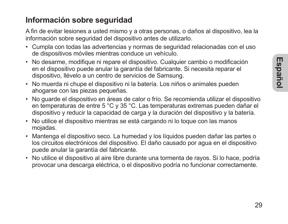 Español, Información sobre seguridad | Samsung HM1700 User Manual | Page 31 / 84