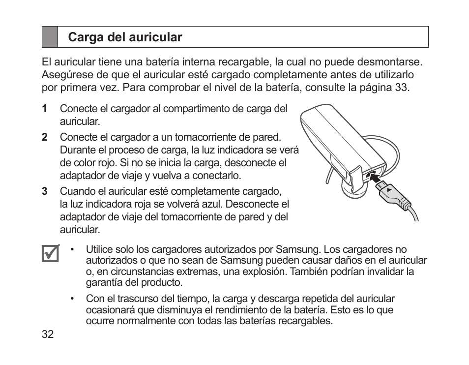 Carga del auricular | Samsung HM1700 User Manual | Page 34 / 84