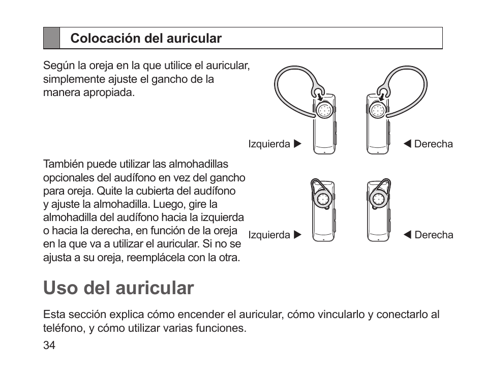 Colocación del auricular, Uso del auricular | Samsung HM1700 User Manual | Page 36 / 84