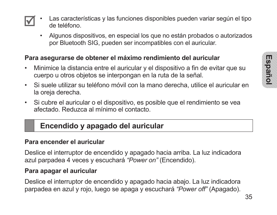 Encendido y apagado del auricular | Samsung HM1700 User Manual | Page 37 / 84