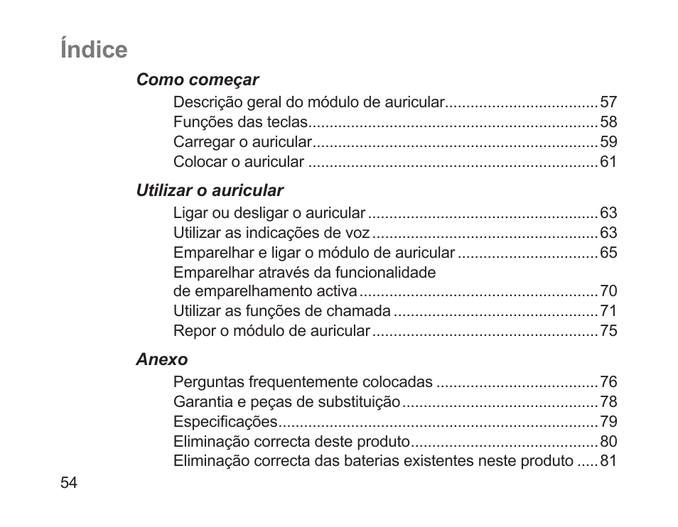 Índice | Samsung HM1700 User Manual | Page 56 / 84