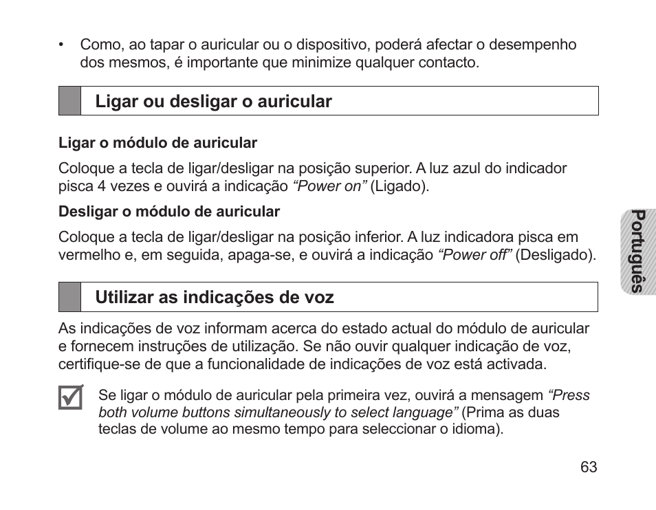 Ligar ou desligar o auricular, Utilizar as indicações de voz | Samsung HM1700 User Manual | Page 65 / 84