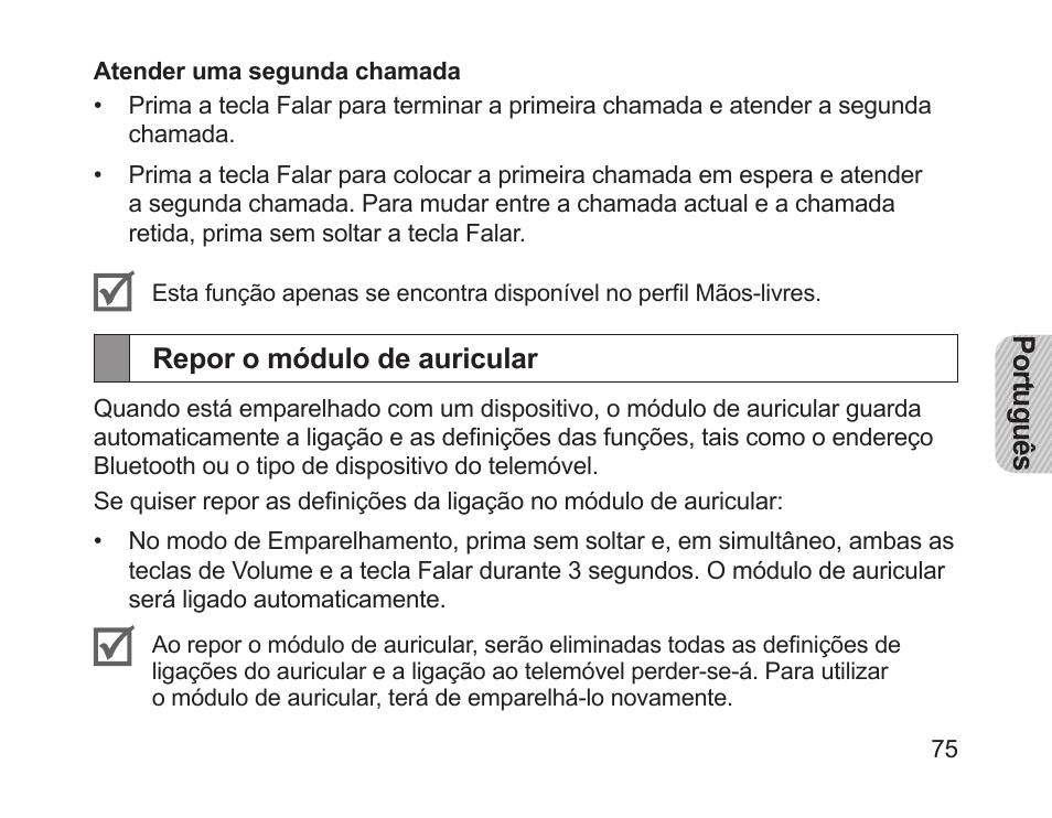 Repor o módulo de auricular | Samsung HM1700 User Manual | Page 77 / 84