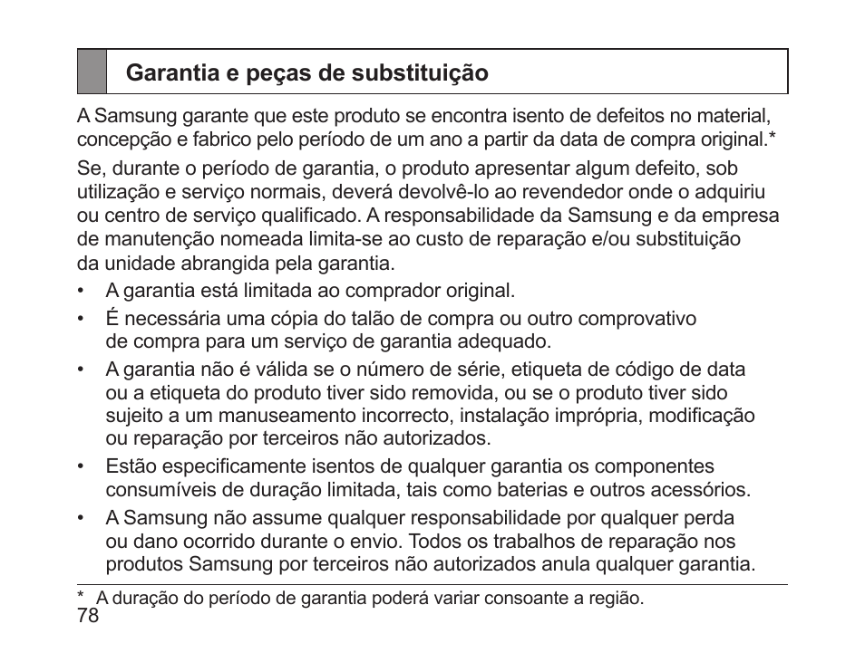 Garantia e peças de substituição | Samsung HM1700 User Manual | Page 80 / 84