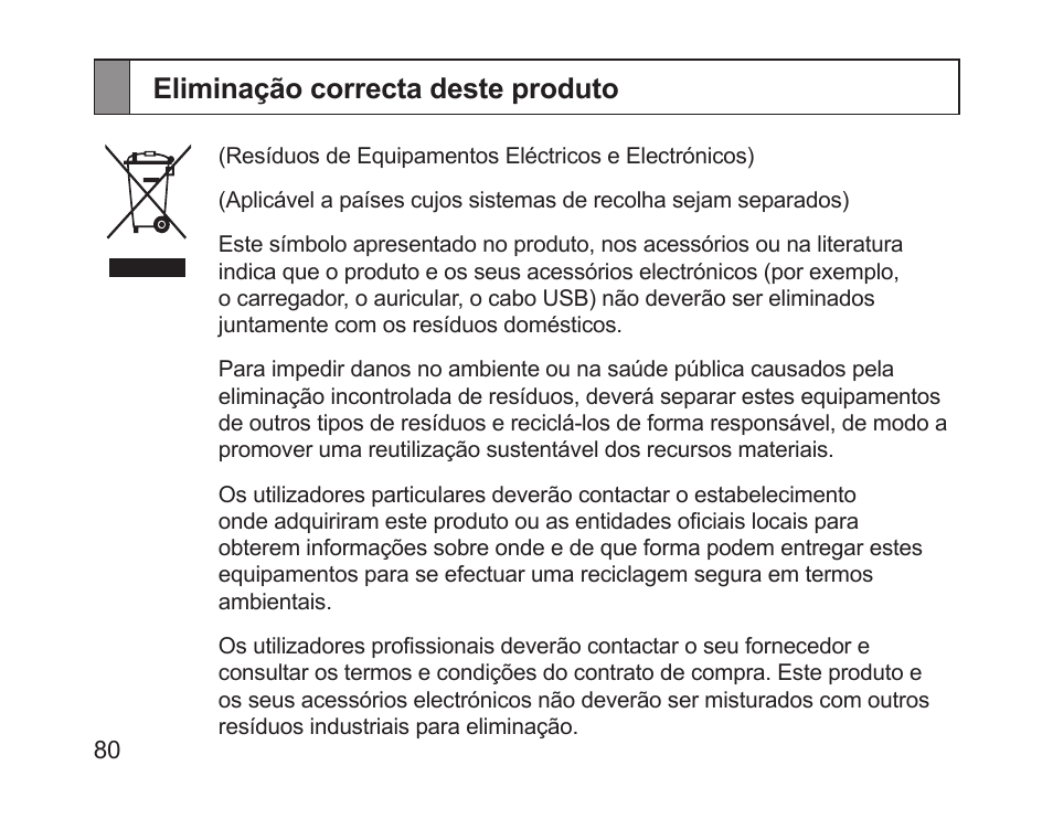 Eliminação correcta deste produto | Samsung HM1700 User Manual | Page 82 / 84