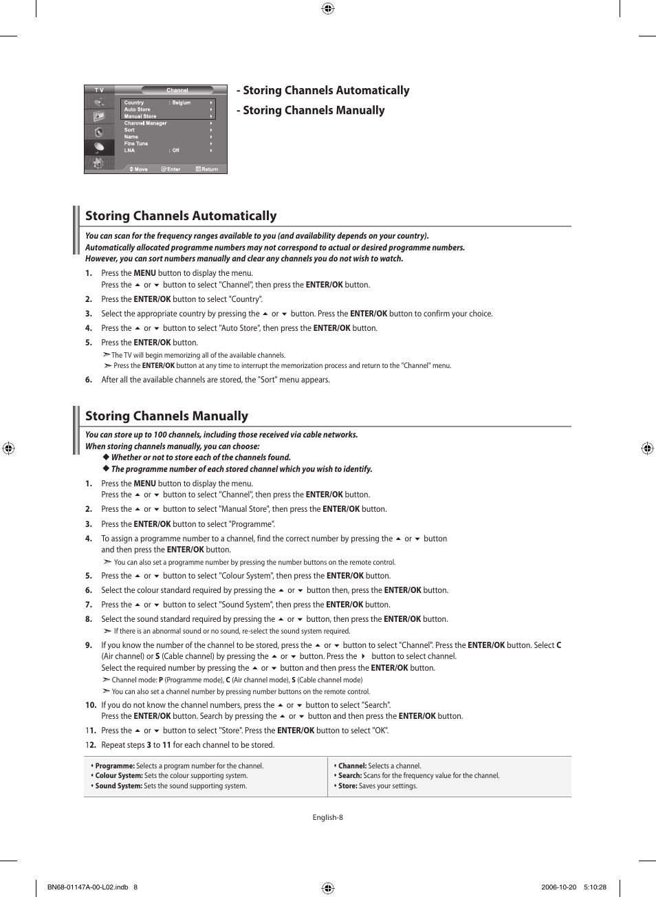 Storing channels automatically, Storing channels manually | Samsung LE32S66BD User Manual | Page 10 / 81