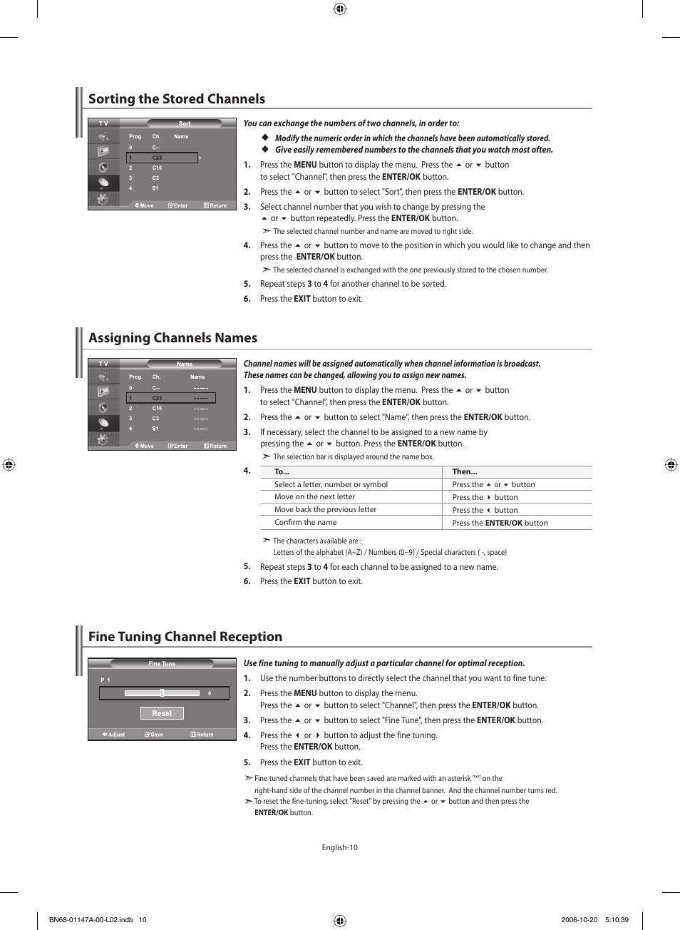 Sorting the stored channels, Assigning channels names, Fine tuning channel reception | Samsung LE32S66BD User Manual | Page 12 / 81