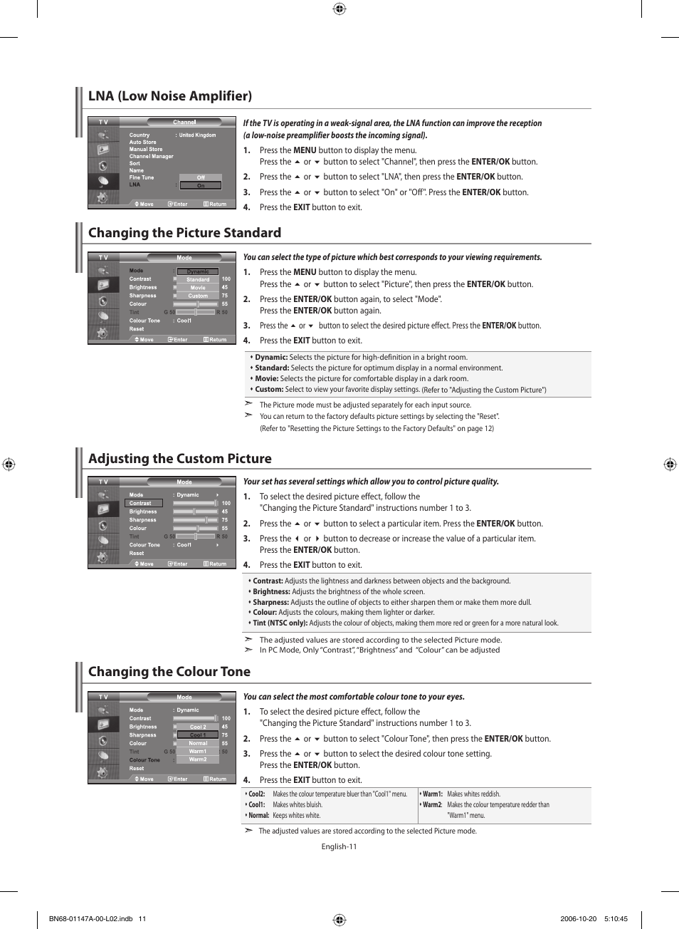 Lna (low noise amplifier), Setting the picture, Changing the picture standard | Adjusting the custom picture, Changing the colour tone | Samsung LE32S66BD User Manual | Page 13 / 81