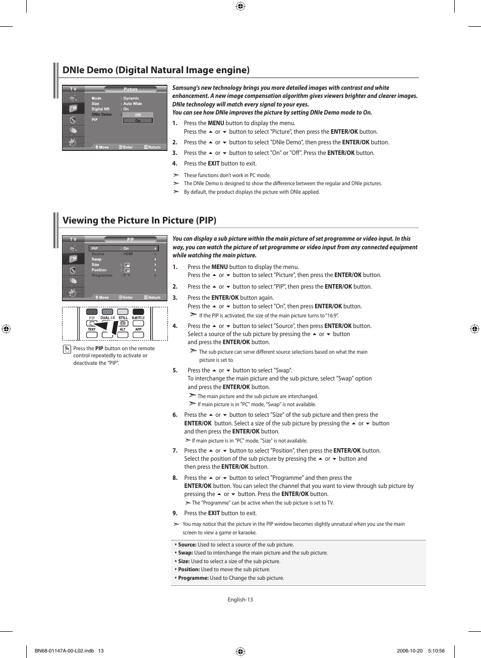 Dnie demo (digital natural image engine), Viewing the picture in picture (pip) | Samsung LE32S66BD User Manual | Page 15 / 81