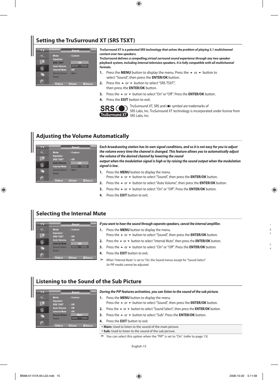 Setting the trusurround xt (srs tsxt), Adjusting the volume automatically, Selecting the internal mute | Listening to the sound of the sub picture | Samsung LE32S66BD User Manual | Page 17 / 81