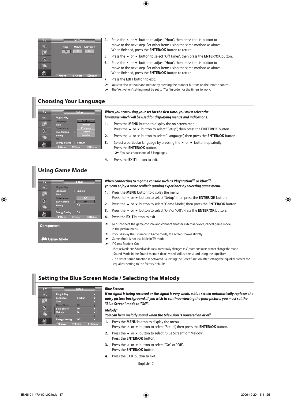 Setting the others, Choosing your language, Using game mode | Samsung LE32S66BD User Manual | Page 19 / 81