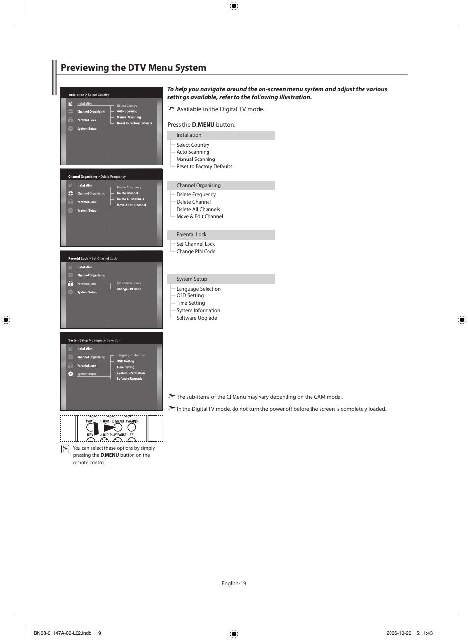 Using the dtv feature, Previewing the dtv menu system | Samsung LE32S66BD User Manual | Page 21 / 81