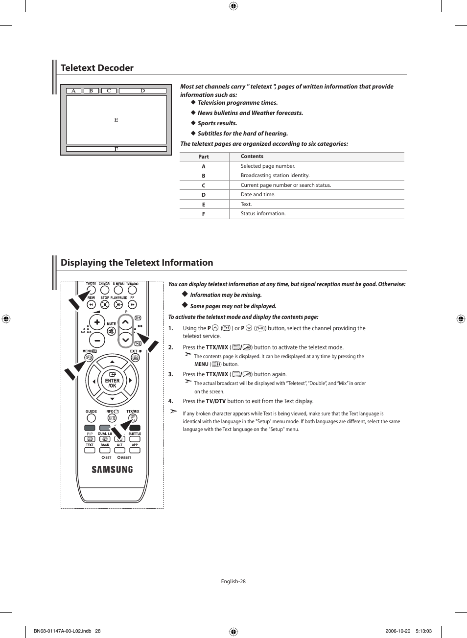 Using the teletext feature, Teletext decoder, Displaying the teletext information | Samsung LE32S66BD User Manual | Page 30 / 81