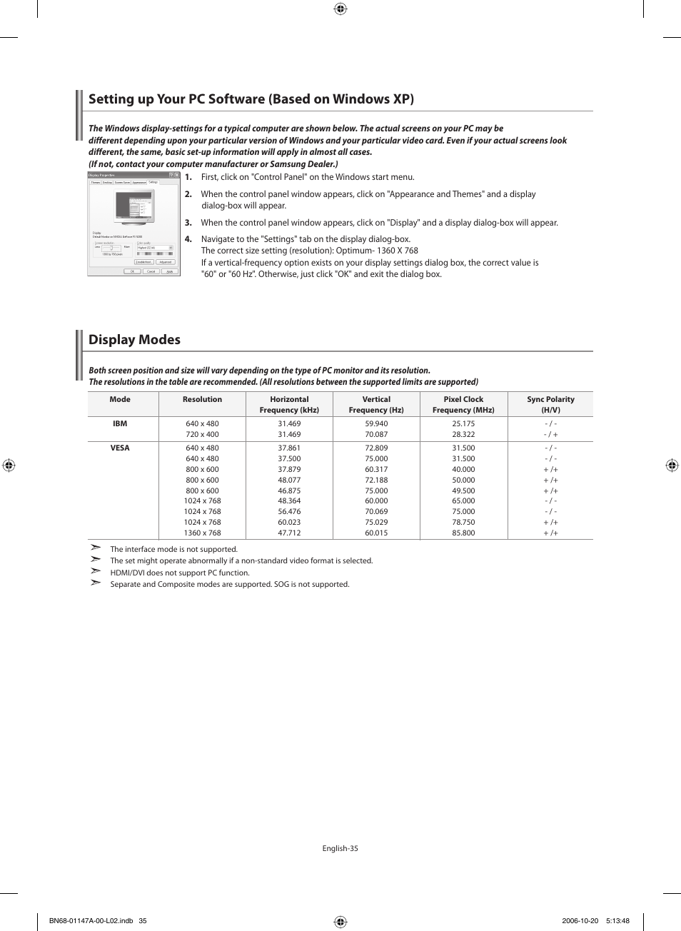 Setting the pc, Setting up your pc software (based on windows xp), Display modes | Samsung LE32S66BD User Manual | Page 37 / 81