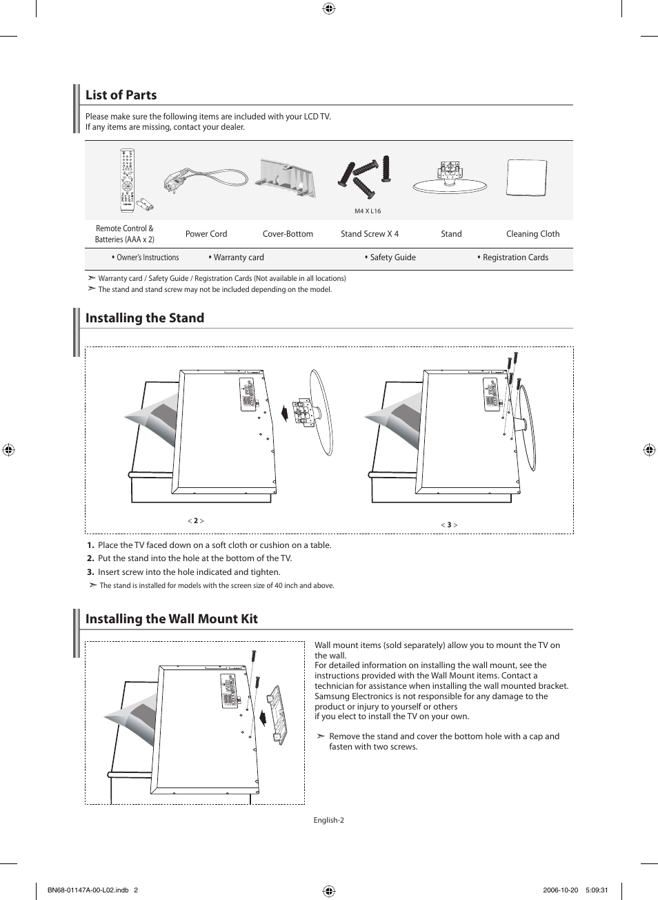 Connecting and preparing your tv, List of parts, Installing the stand | Installing the wall mount kit | Samsung LE32S66BD User Manual | Page 4 / 81