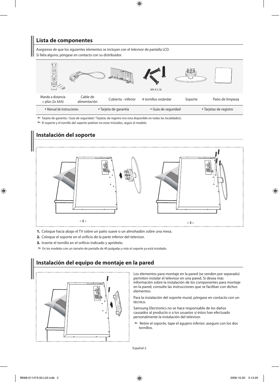 Lista de componentes, Instalación del soporte, Instalación del equipo de montaje en la pared | Samsung LE32S66BD User Manual | Page 43 / 81
