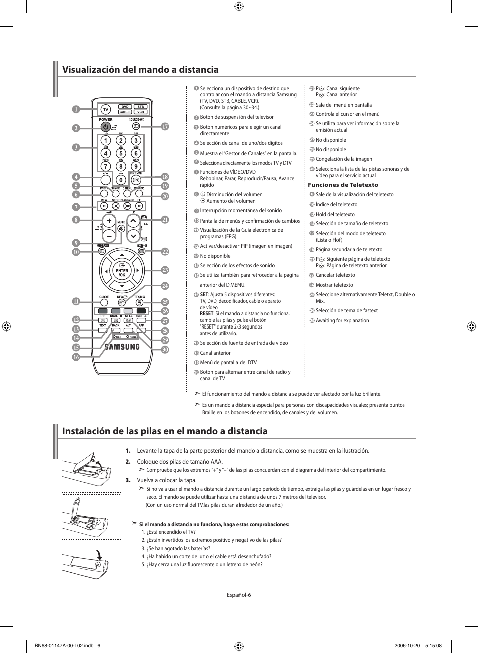 Visualización del mando a distancia, Instalación de las pilas en el mando a distancia | Samsung LE32S66BD User Manual | Page 47 / 81