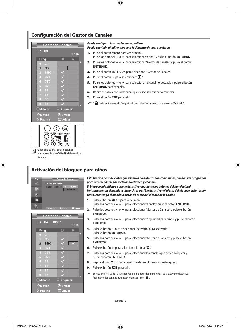 Configuración del gestor de canales, Activación del bloqueo para niños | Samsung LE32S66BD User Manual | Page 50 / 81
