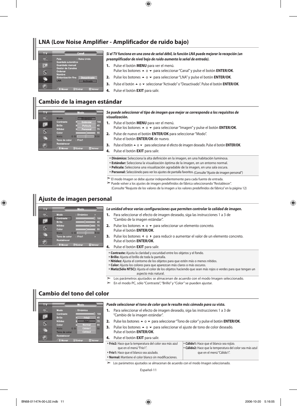 Cambio de la imagen estándar, Ajuste de imagen personal, Cambio del tono del color | Samsung LE32S66BD User Manual | Page 52 / 81