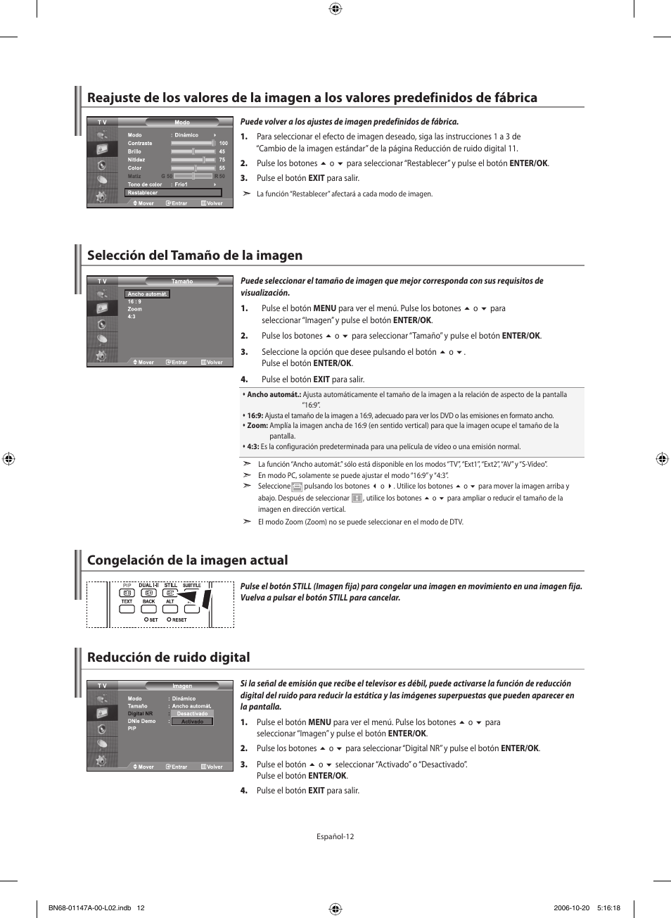 Congelación de la imagen actual, Reducción de ruido digital | Samsung LE32S66BD User Manual | Page 53 / 81