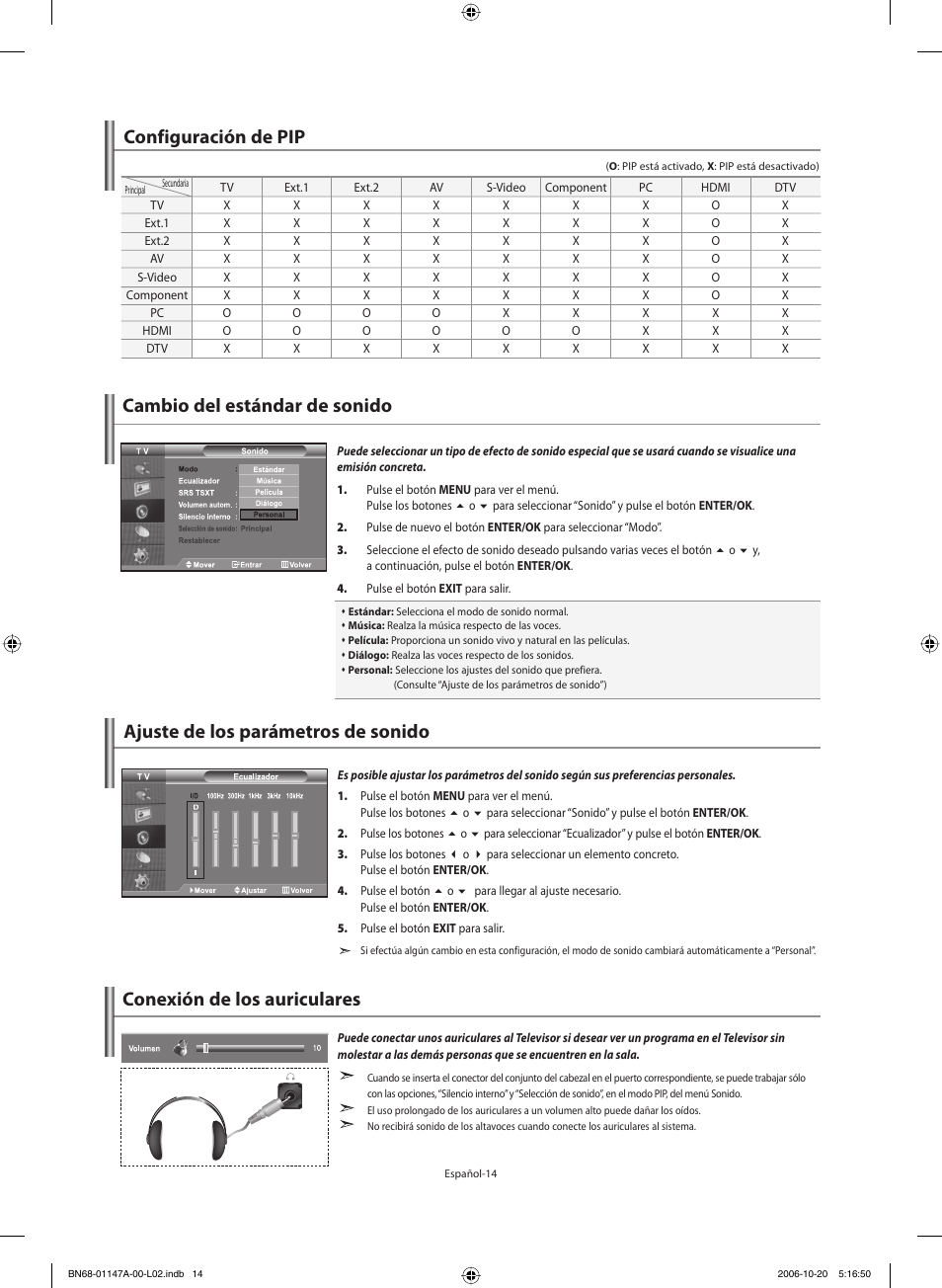 Cambio del estándar de sonido, Ajuste de los parámetros de sonido, Configuración de pip | Conexión de los auriculares | Samsung LE32S66BD User Manual | Page 55 / 81