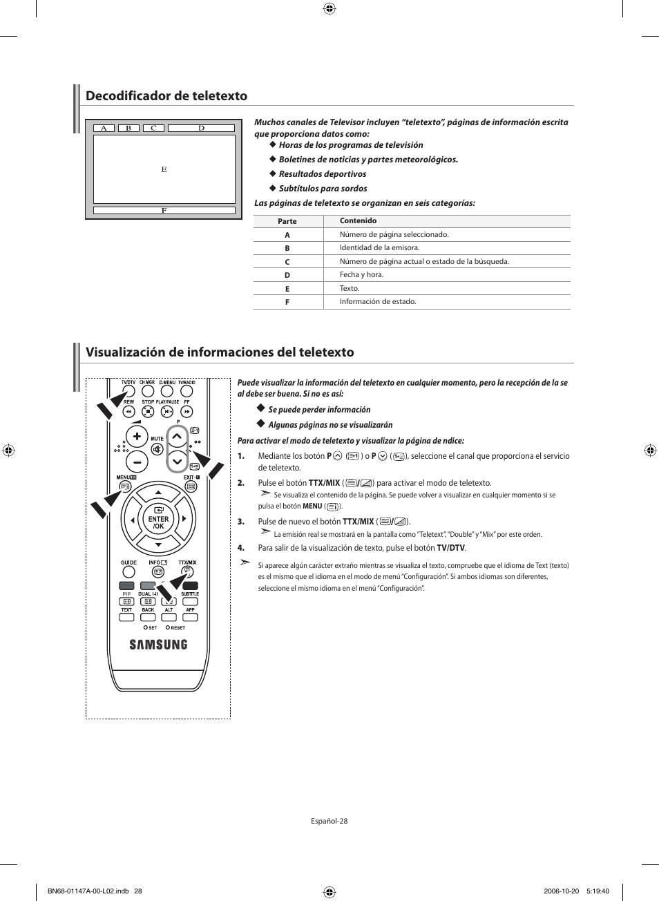 Decodificador de teletexto, Visualización de informaciones del teletexto | Samsung LE32S66BD User Manual | Page 69 / 81