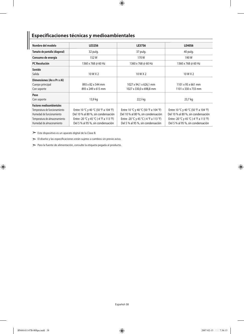 Especificaciones técnicas y medioambientales | Samsung LE32S66BD User Manual | Page 79 / 81